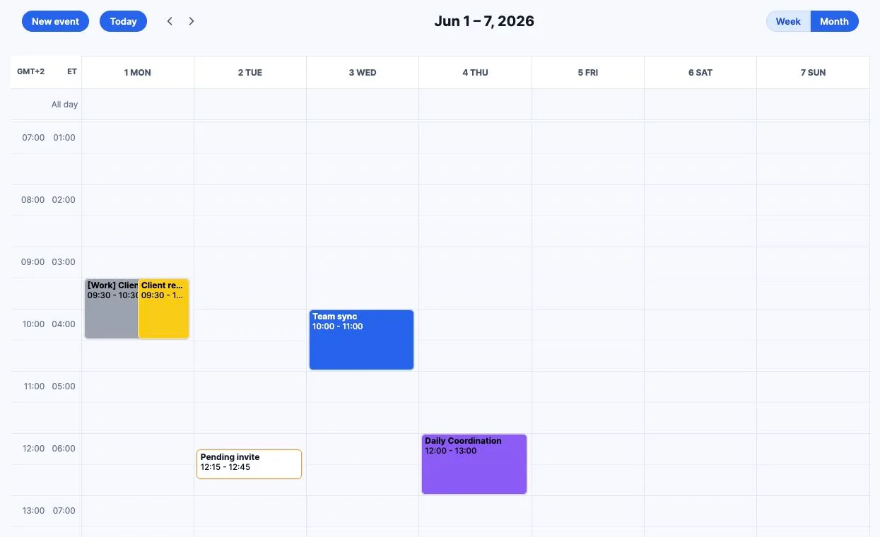 ParallelCals merged week view with example client, team and personal calendar events